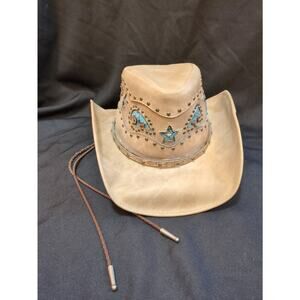 USED Bullhide Women's "Worth It" Top Grain Leather Outback Hat, Beige Turquoise